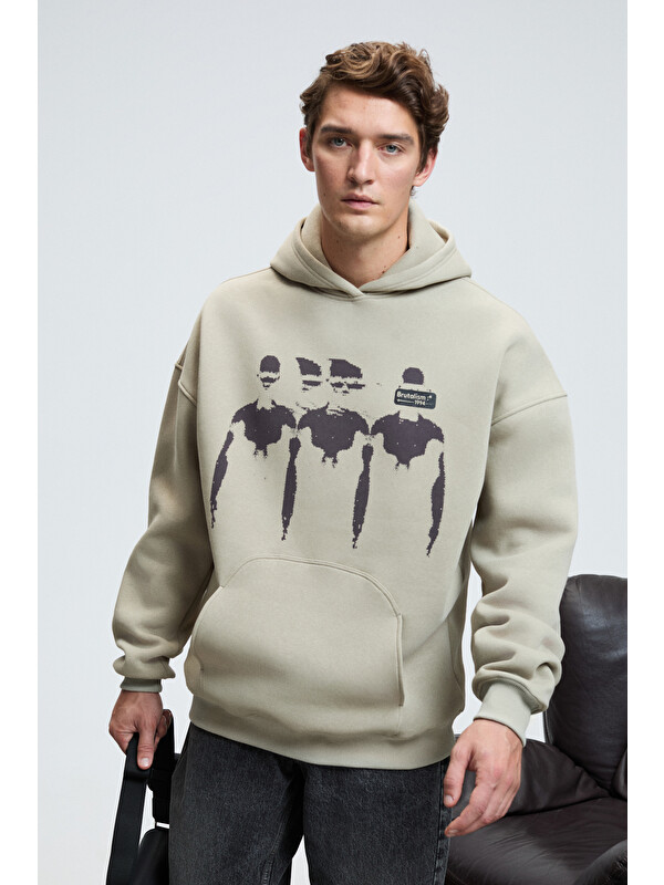 GRIMELANGE ARMAND Erkek Kapüşonlu Kanguru Cepli Önü Baskılı Oversize TAŞ Sweatshirt