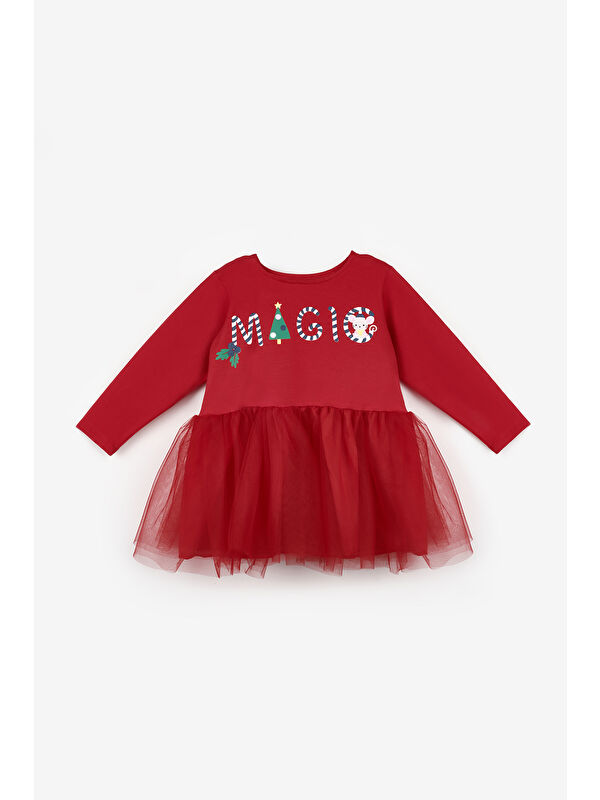 Le Mabelle Kırmızı Yılbaşı Temalı Magic Mottolu Kız Çocuk Elbise - Claire