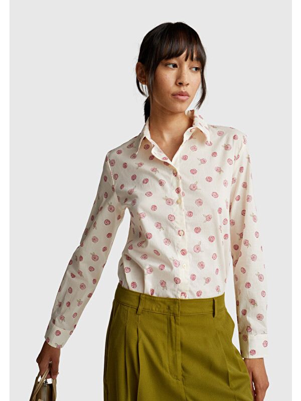 United Colors Of Benetton Kadın Ekru %100 Pamuk Desenli Regular Fit Gömlek