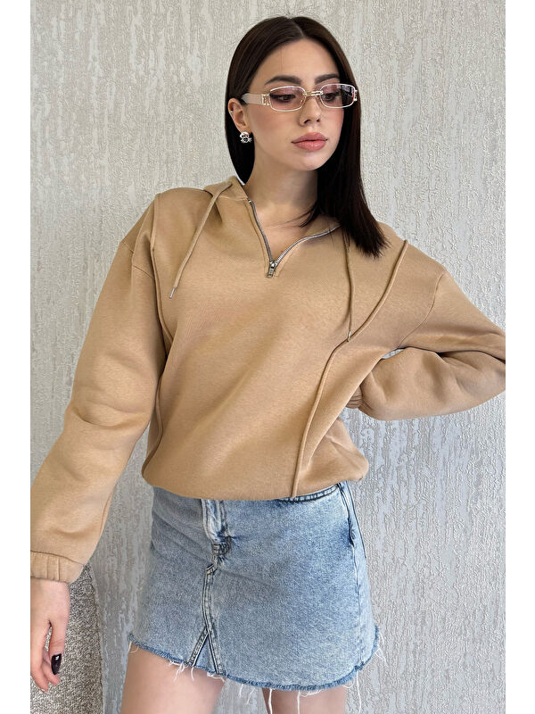 Gülseli Yarım Fermuarlı Üç İplik Şardonlu Kadın Sweatshirt
