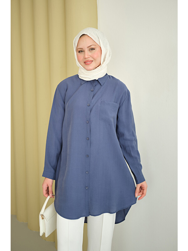 Locco Moda Kadın Basic Uzun Gömlek İndigo Mavi