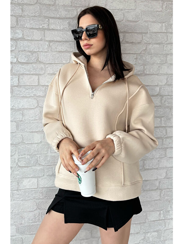 Gülseli Yarım Fermuarlı Üç İplik Şardonlu Kadın Sweatshirt