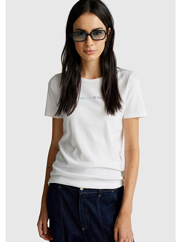 United Colors Of Benetton Kadın Beyaz-Renkli Yazılı %100 Pamuk Benetton Yazılı Basic T-Shirt