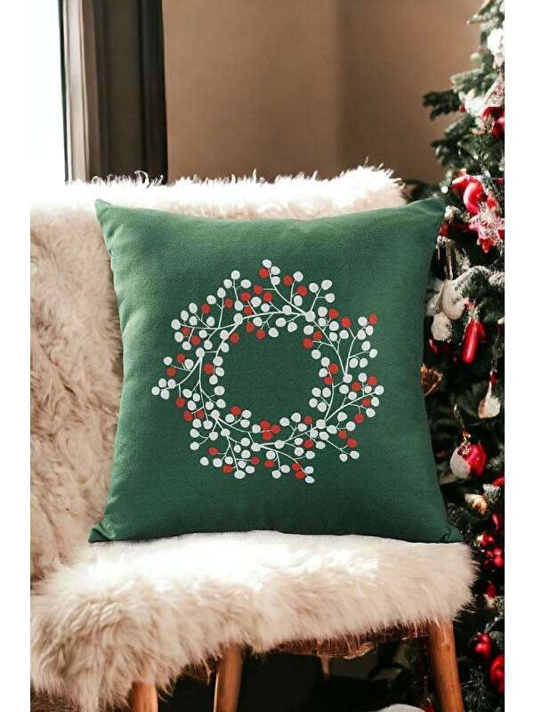 Asdiva Yılbaşı Noel Temalı Kokina Çelenk Desenli Kırlent Kılıfı  Yeşil-43x43