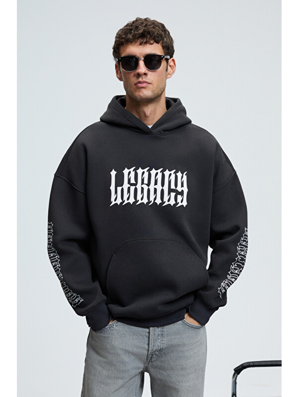 GRIMELANGE ARMAND Erkek Kapüşonlu Kanguru Cepli Önü Baskılı Oversize ANTRASİT Sweatshirt