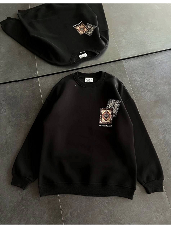 Jane's Bisiklet Yaka Baskılı SweatShirt - Siyah