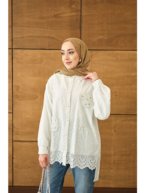 Locco Moda Kadın Çiçek Taş İşleme Detay Brode Ve İnci Detaylı Gömlek Beyaz