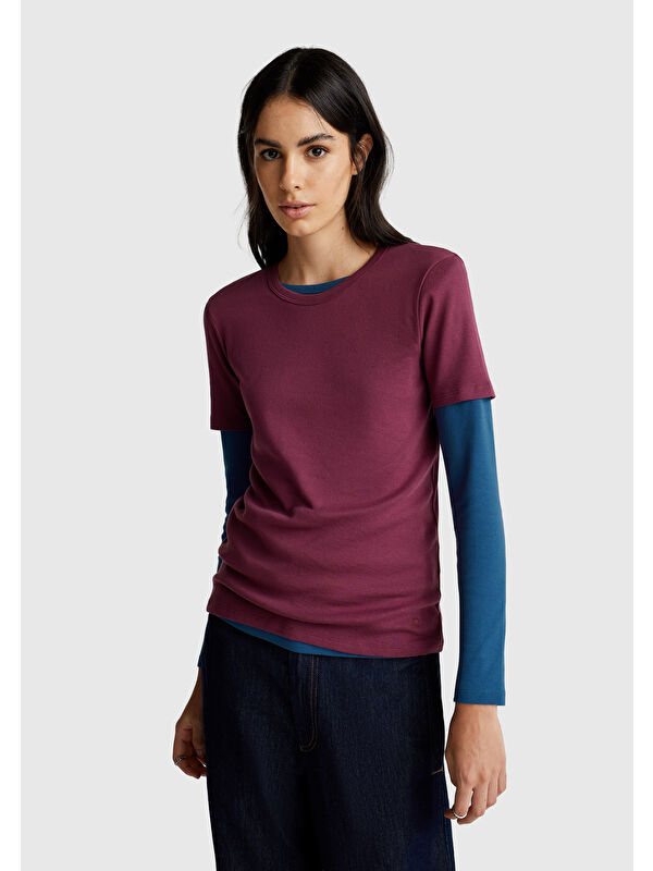 United Colors Of Benetton Kadın Mürdüm %100 Pamuk Basic Kısa Kollu Bisiklet Yaka T-Shirt