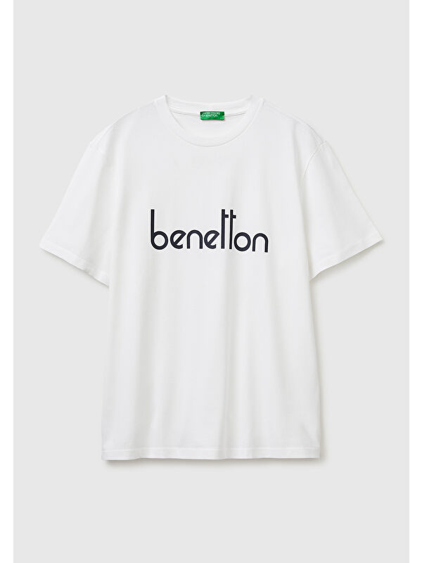 United Colors Of Benetton Erkek Beyaz  %100 Pamuk Logo Baskılı Regular Fit Bisiklet Yaka T-Shirt