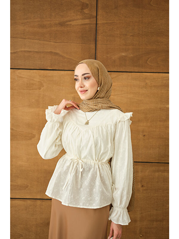 Locco Moda Kadın Nakış Desen Brode Gömlek Ekru