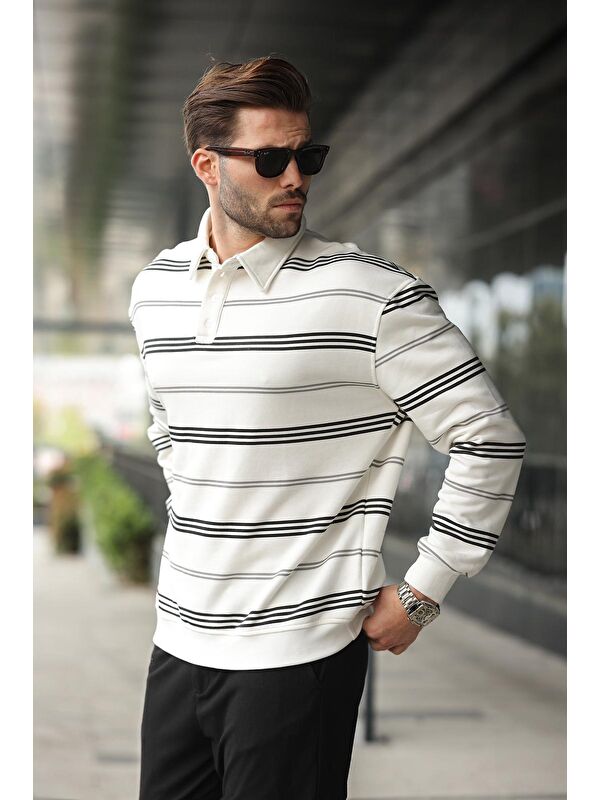 Madmext Ekru Çizgili Polo Yaka Erkek Sweatshirt E7172