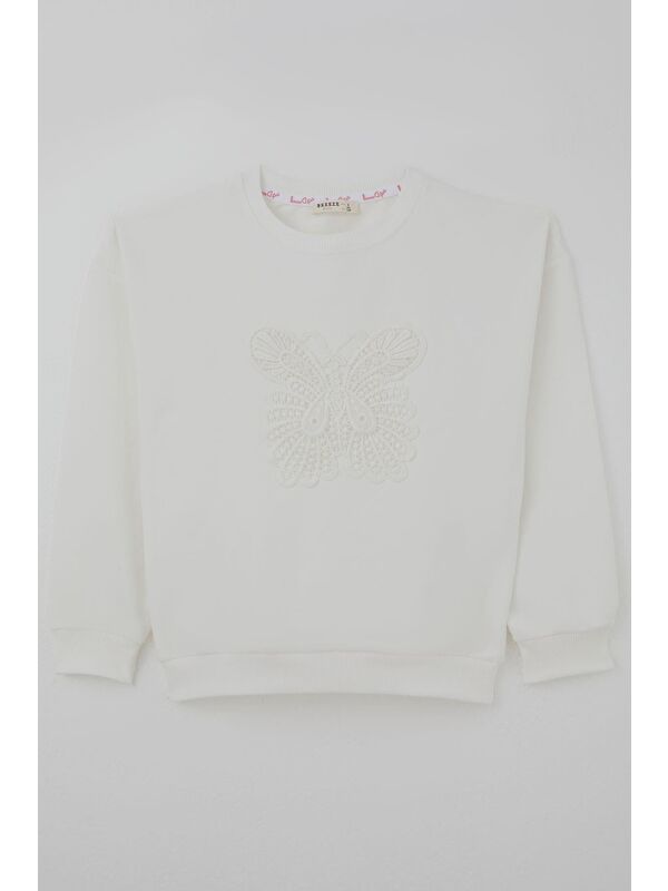 Breeze Kız Çocuk Sweatshirt Kelebek Aplike Nakışlı Ekru (8-12 Yaş)