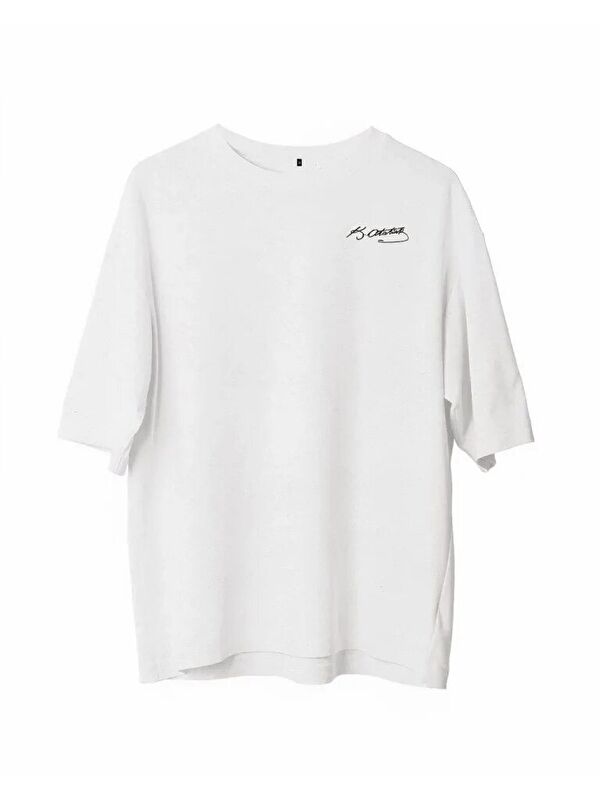 Jane's Unisex Bisiklet Yaka Baskılı Oversize T-Shirt - Beyaz