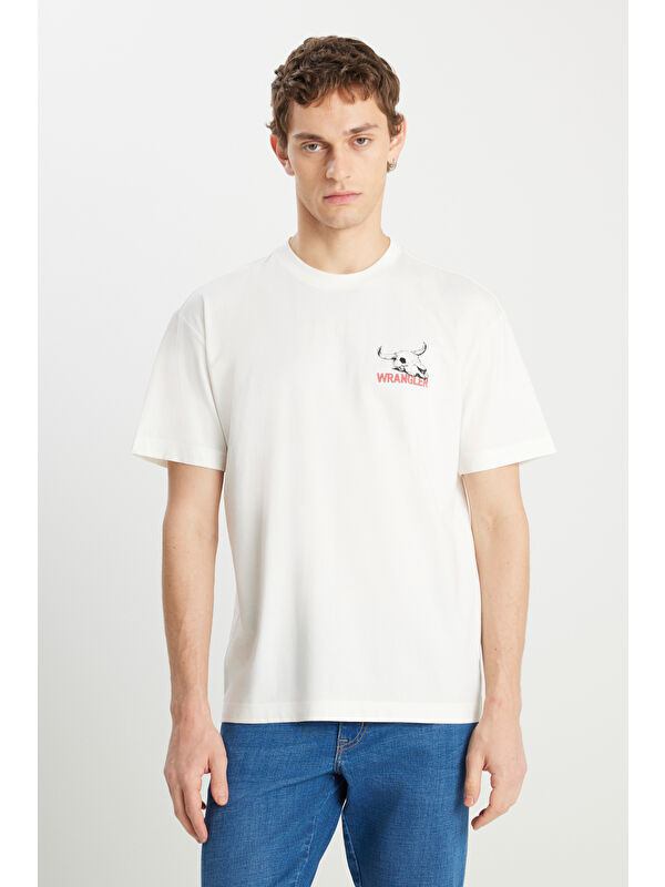 Wrangler %100 Pamuk Relaxed Fit Bisiklet Yaka Kırık Beyaz Tişört