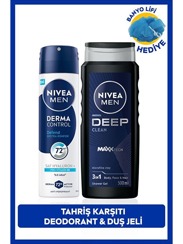 NIVEA MEN Erkek Deep Dimension Duş Jeli 500ml ve Sprey Deodorant Derma Control Defend 150ml, Lif Hediyeli