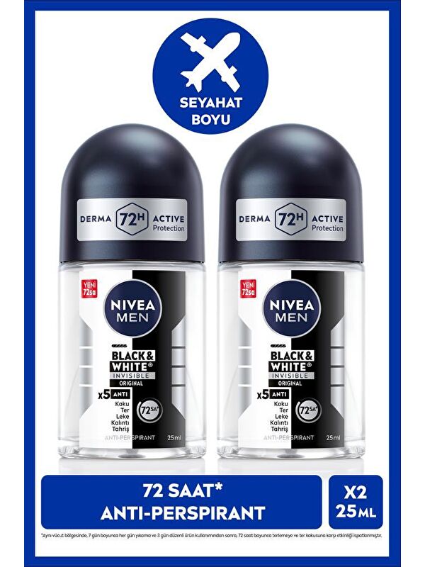 NIVEA MEN Erkek Roll-on Deodorant Black&White Invisible Original 25ml, 72 Saat Anti-perspirant Ter Korumas