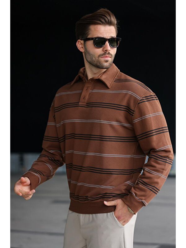 Madmext Kahverengi Çizgili Polo Yaka Erkek Sweatshirt E7172