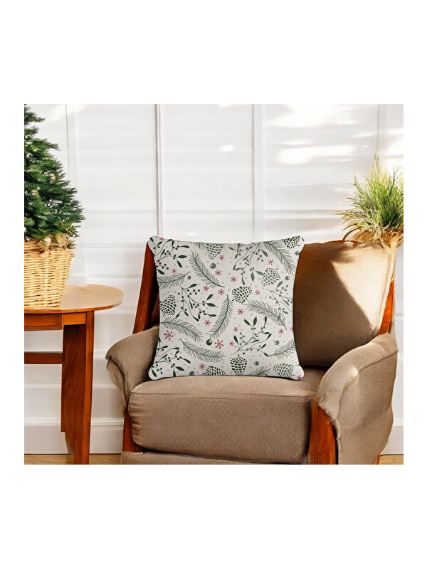Asdiva Yılbaşı Noel Temalı Çam Yaprağı Koza Desenli Kırlent Kılıfı - Beyaz 43x43