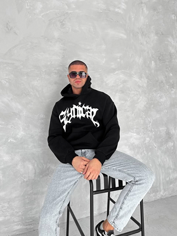Jane's Unisex Üç İplik Kapüşonlu Baskılı SweatShirt - Siyah