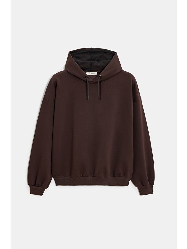 Saade Acı Kahverengi Kadın Oversize Kapüşonlu Basic Hoodie Sweatshirt