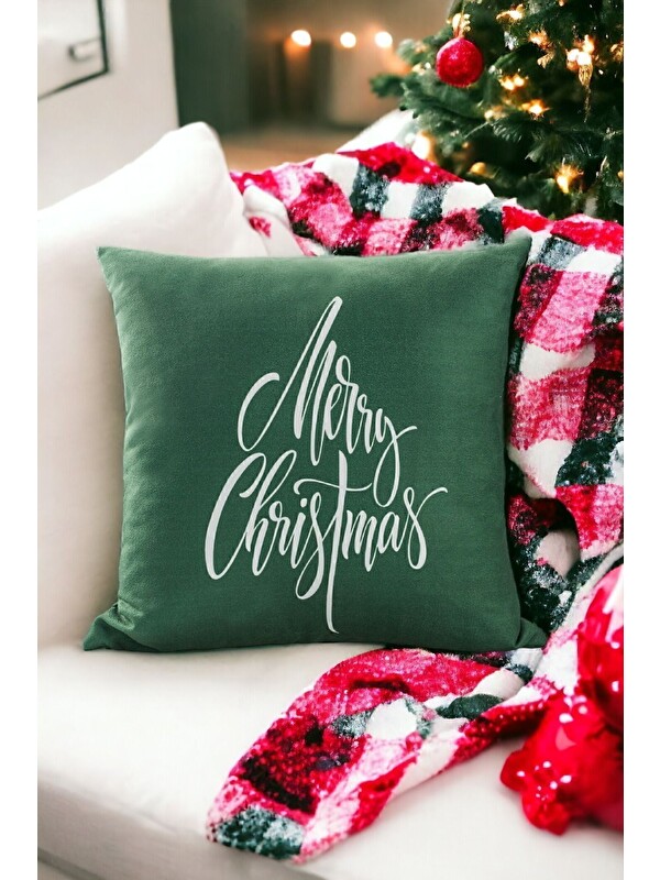 Asdiva Yılbaşı Noel Temalı "Merry Christmas" Beyaz Yazı Baskılı Kırlent Kılıfı - Yeşil 43x43
