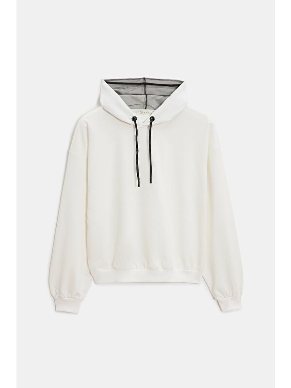 Saade Ekru Kadın Oversize Kapüşonlu Basic Hoodie Sweatshirt