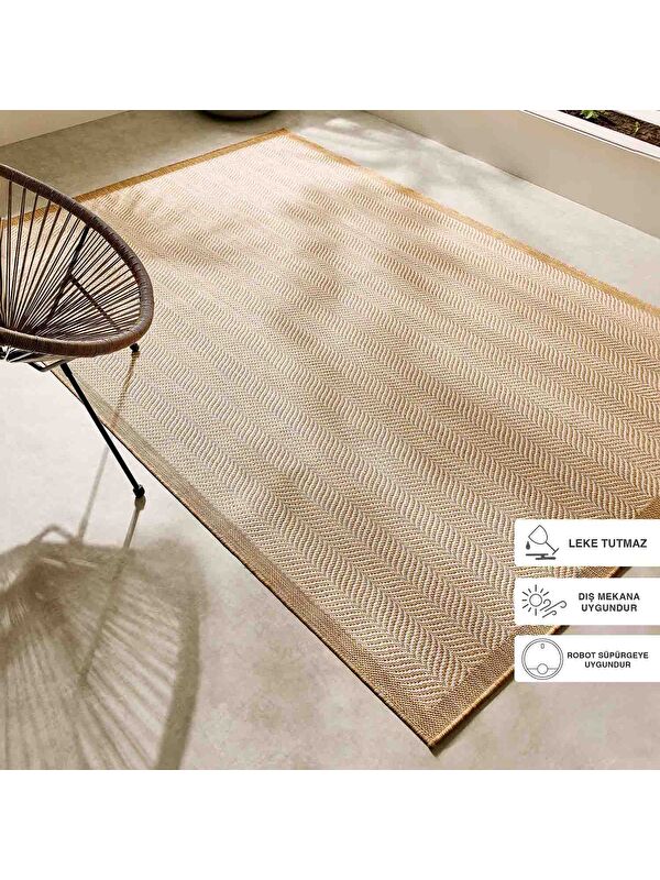 Ocean Home Textile Leke Tutmaz İç Dış Mekan Bej Renk Balıksırtı Halı Kilim 80 x 200 cm
