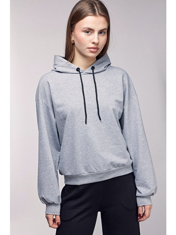 Saade Gri Kadın Oversize Kapüşonlu Basic Hoodie Sweatshirt