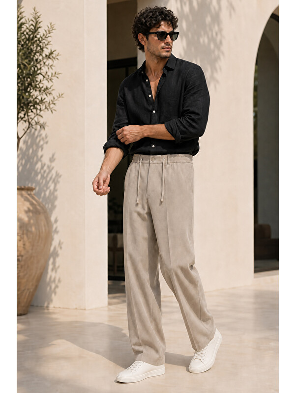 Etikmen Erkek Vizon Relax Fit Bağcıklı Baggy Pantolon