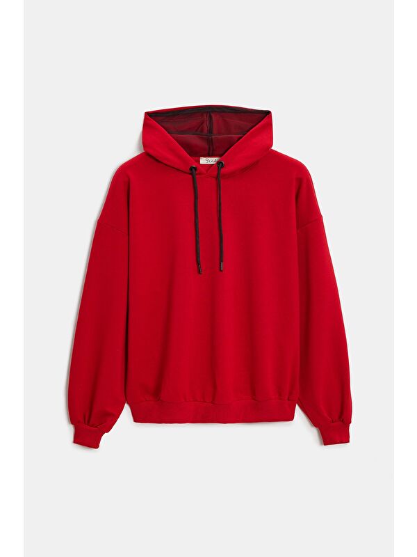Saade Kırmızı Kadın Oversize Kapüşonlu Basic Hoodie Sweatshirt