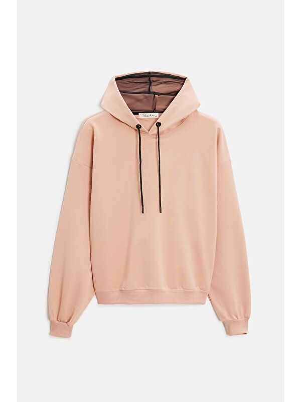 Saade Koyu Pudra Kadın Oversize Kapüşonlu Basic Hoodie Sweatshirt