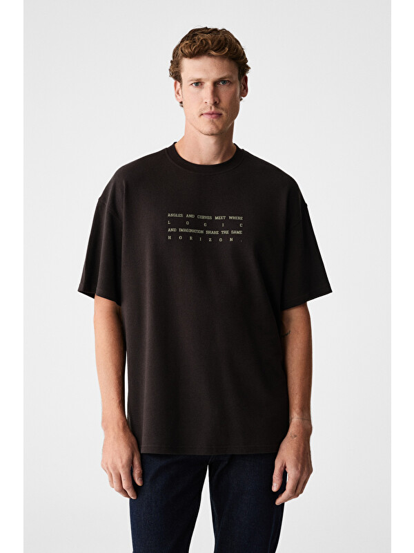 GRIMELANGE ANGLES Erkek %100 Organik Pamuk Baskılı Bisiklet Yakalı Oversize ACI KAHVE T-Shirt