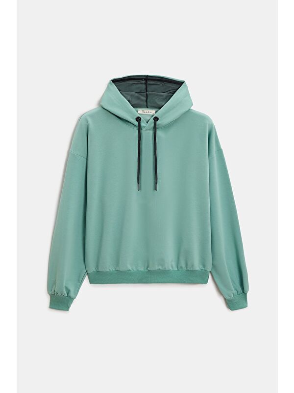 Saade Mint Kadın Oversize Kapüşonlu Basic Hoodie Sweatshirt