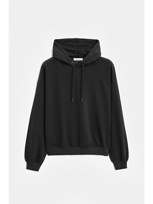 Saade Siyah Kadın Oversize Kapüşonlu Basic Hoodie Sweatshirt