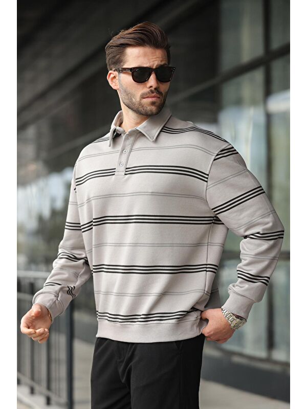 Madmext Boyalı Gri Çizgili Polo Yaka Erkek Sweatshirt E7172
