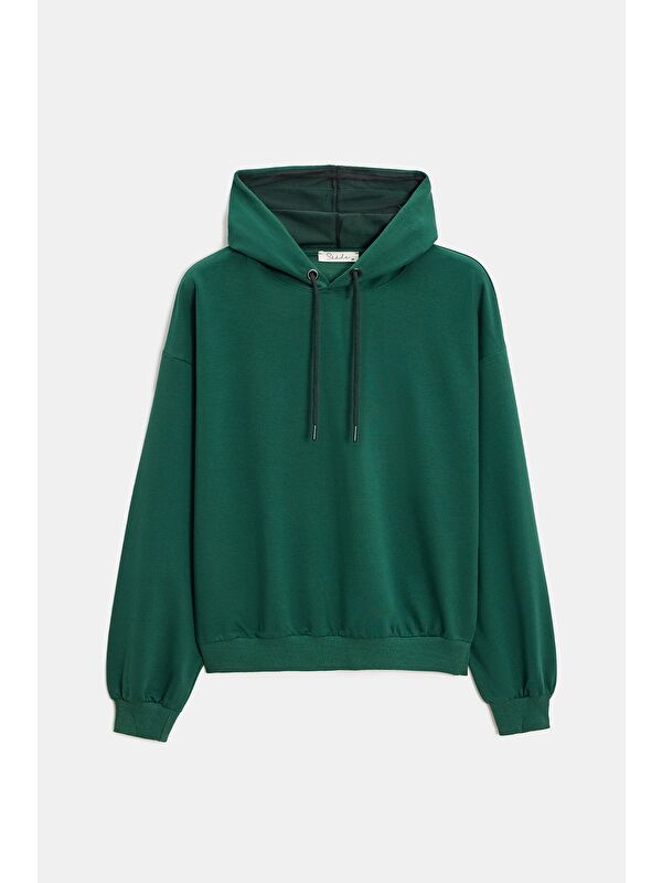 Saade Yeşil Kadın Oversize Kapüşonlu Basic Hoodie Sweatshirt