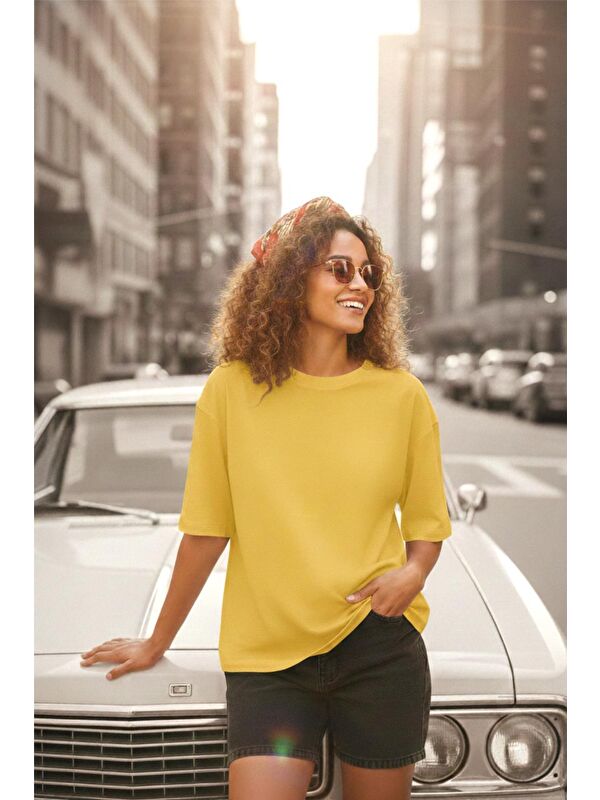Oksit Mily Kadın Oversize Basic Bisiklet Yaka Pamuklu T-Shirt Rahat Kesim Unisex Sevgili Kombini