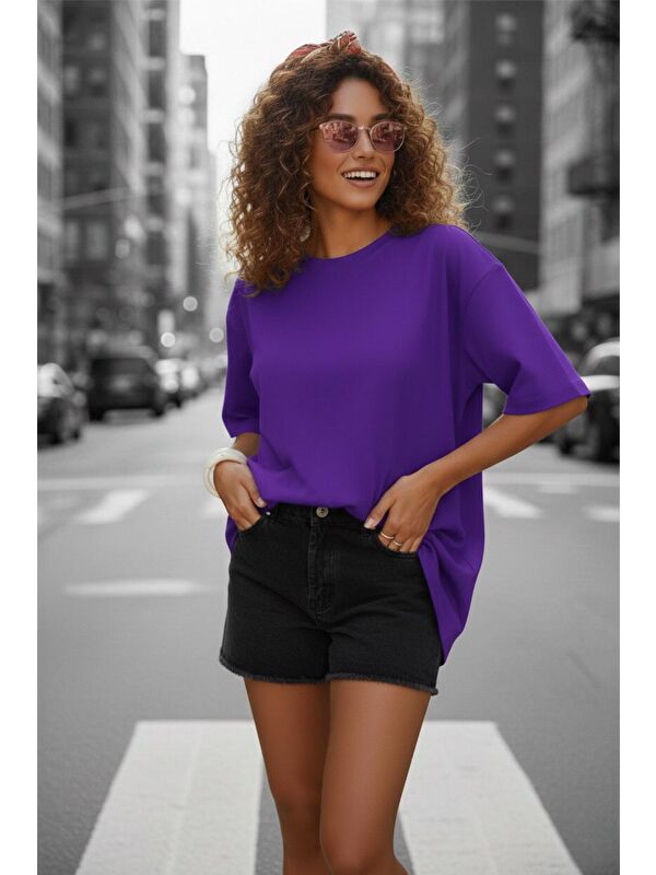 Oksit Mily Kadın Oversize Basic Bisiklet Yaka Pamuklu T-Shirt Rahat Kesim Unisex Sevgili Kombini