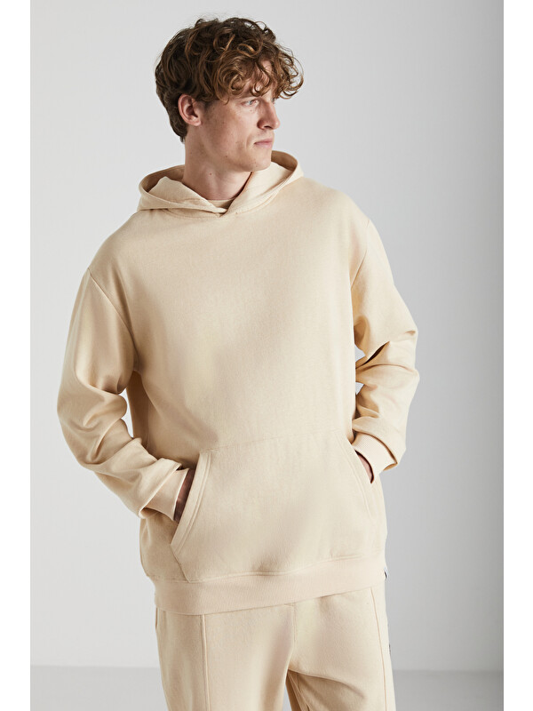 GRIMELANGE Cartmel Erkek Organik Kumaşlı İçi Polarlı Yumuşacık  Kanguru Cepli Kapüşonlu BEJ Sweatshirt