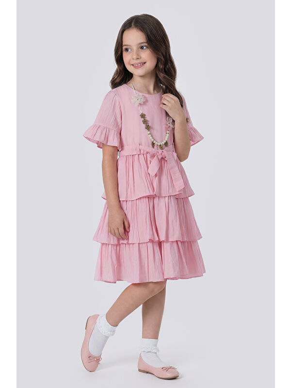 Pina Kids Kız Çocuk  Eteği Katlı Kısa Kollu Kolyeli Elbise