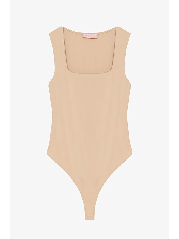 QUZU Kare Yaka Basic Bodysuit Bej