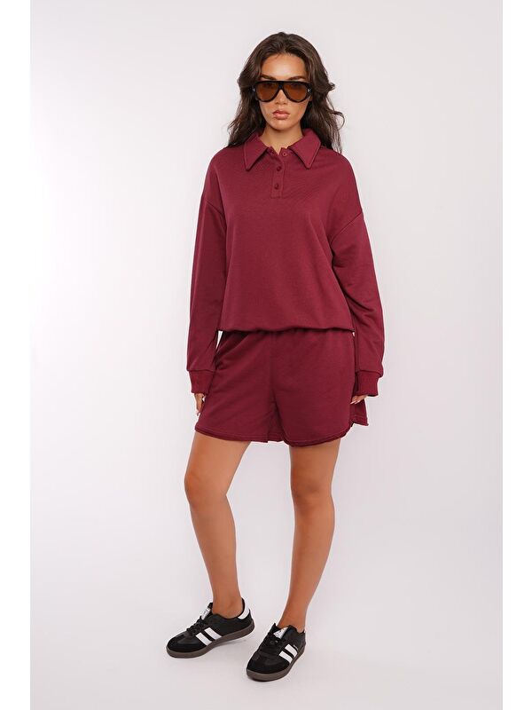 Madmext Bordo Polo Yaka Kadın Şort Sweatshirt Takım Mg2375