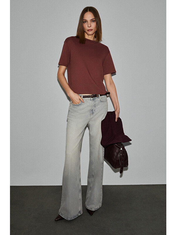 GRIMELANGE COLENA Kadın Organik Pamuklu Bisiklet Yaka Oversize Fit Kısa Kollu KİREMİT T-Shirt