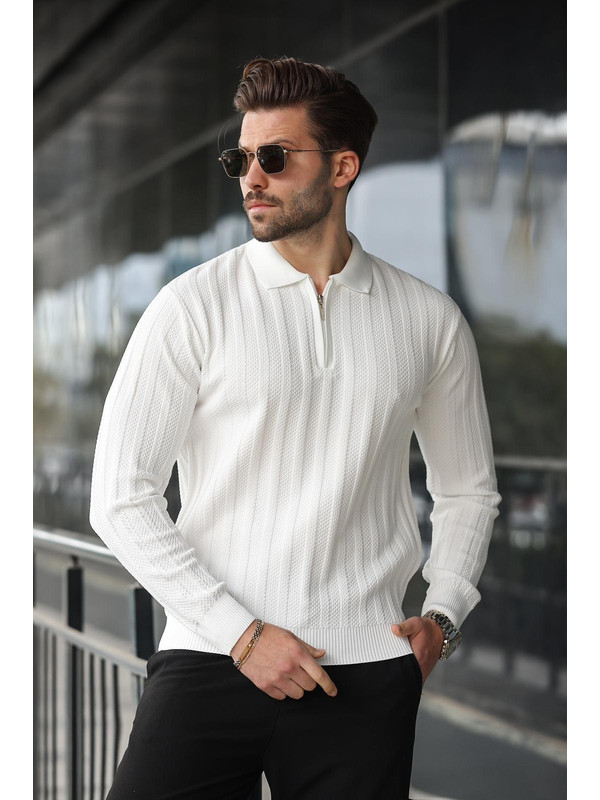 Madmext Beyaz Yarım Fermuarlı Polo Yaka Triko Kazak E7426