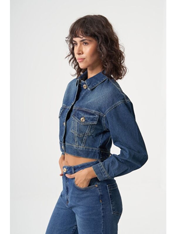 Mizalle MZL Lacivert Crop Denim Ceket