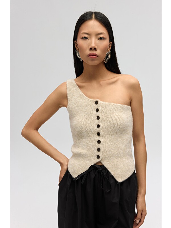 Mai Collection Elvar Tek Omuz Bej Triko Crop
