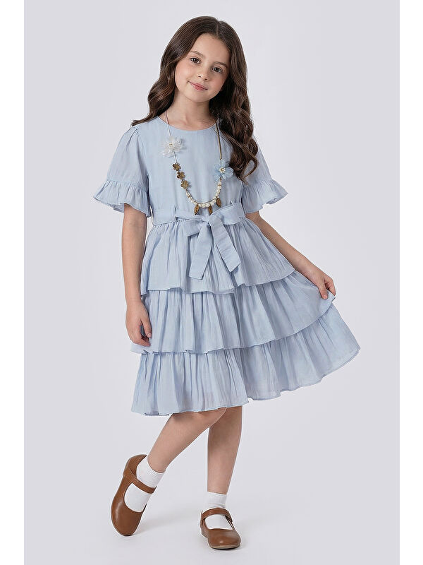Pina Kids Kız Çocuk  Eteği Katlı Kısa Kollu Kolyeli Elbise