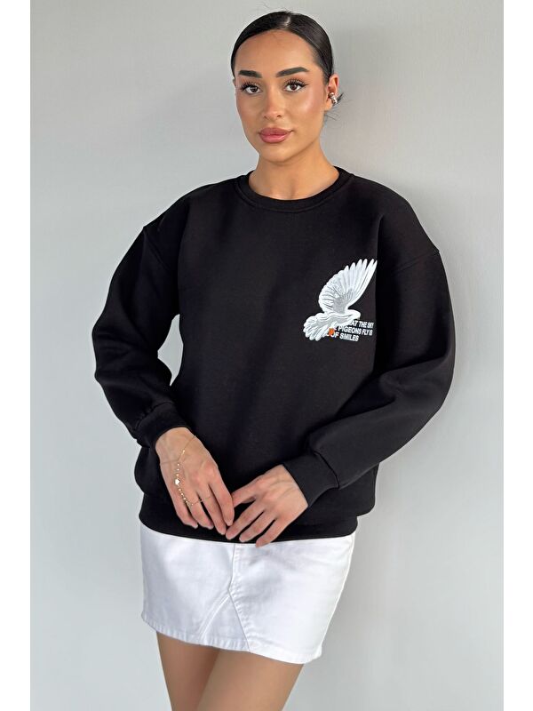 Gülseli Kadın Ön Ve Sırt Baskılı Bisiklet Yaka Üç İplik Şardonlu Sweatshirt