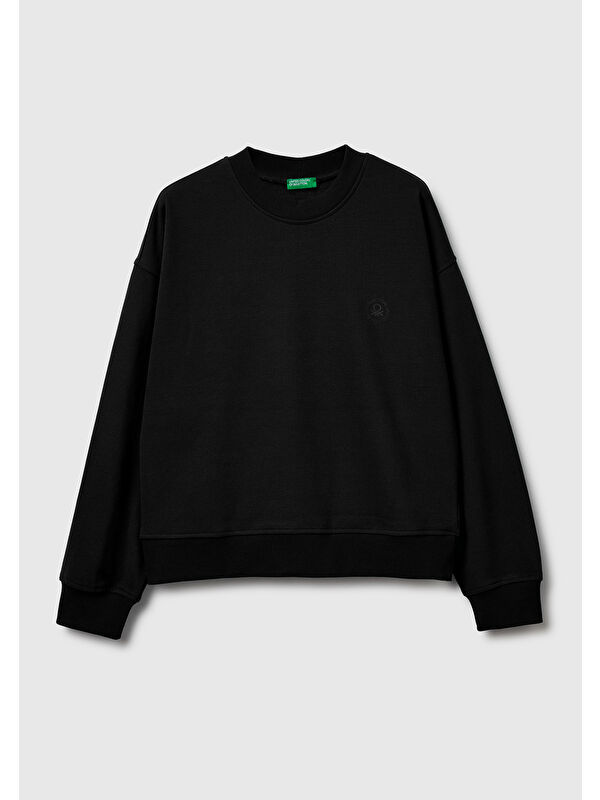United Colors Of Benetton Kadın Siyah Pamuk Karışımlı Logo Baskılı Sweatshirt