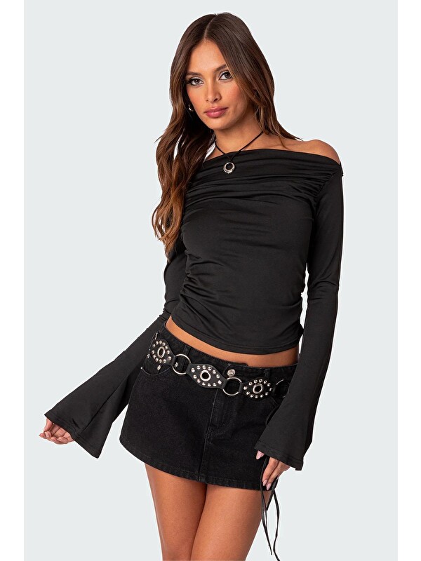 Madmext Siyah Kayık Yaka Kadın Bodysuit Mg2040